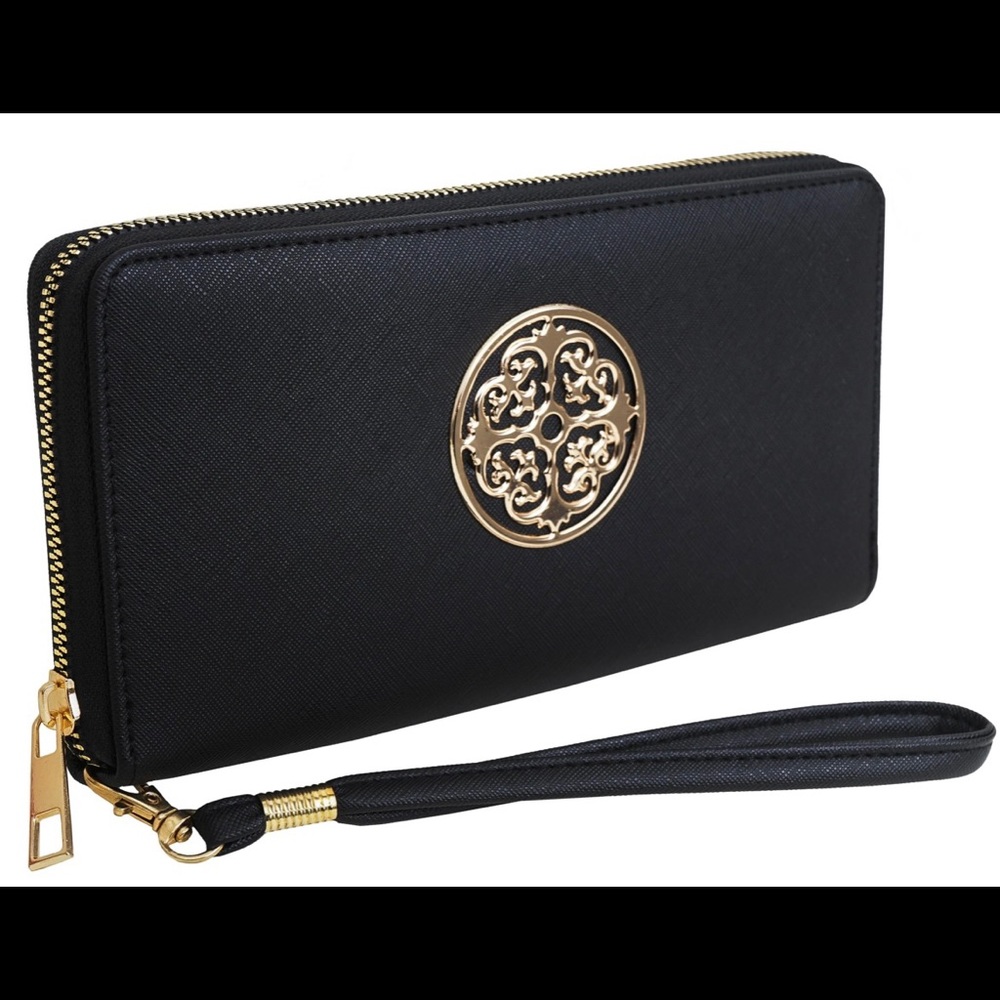 Rebecca & Rifka Vegan Saffiano Leather Medallion Zip Around Wristlet Wallet